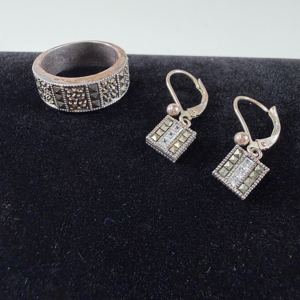 Judith Jack Sterling Silver 925 Marcasite Ring & Dangle Earrings Set Vintage